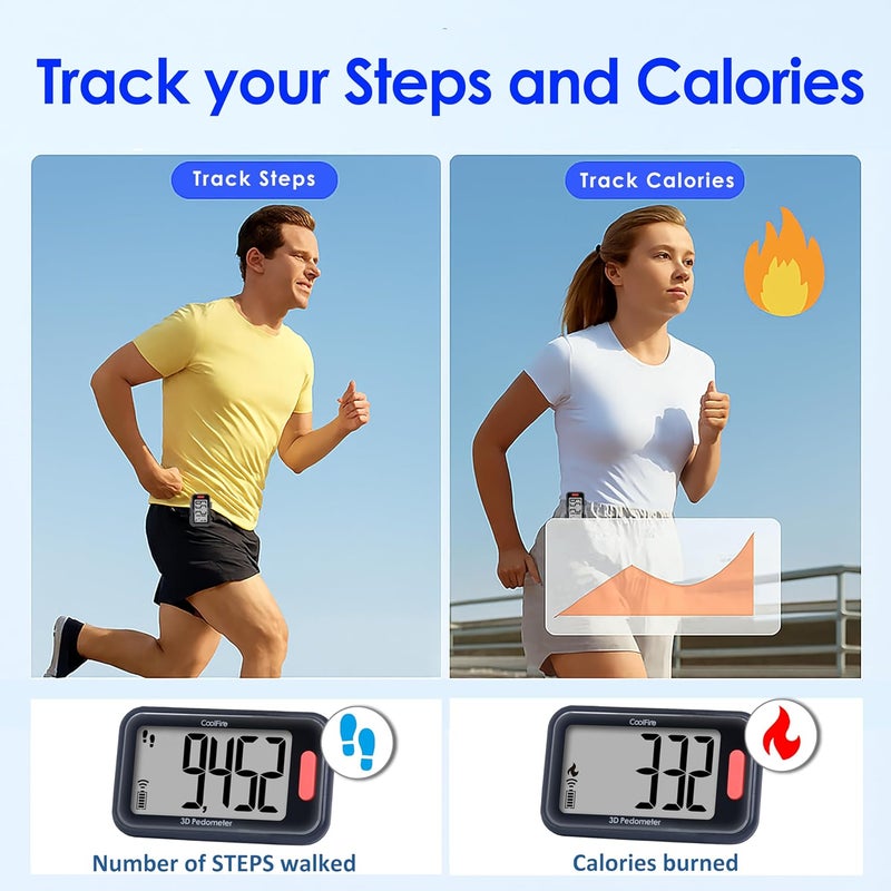 CoolFire - Pedometer, 2025 Indoor & Outdoor 3D Clip-On Pedometer, Accurate Step Counter for Walking Steps and Miles, Calories, Ankle Step Tracker for Fitness, Optional App - Image 4